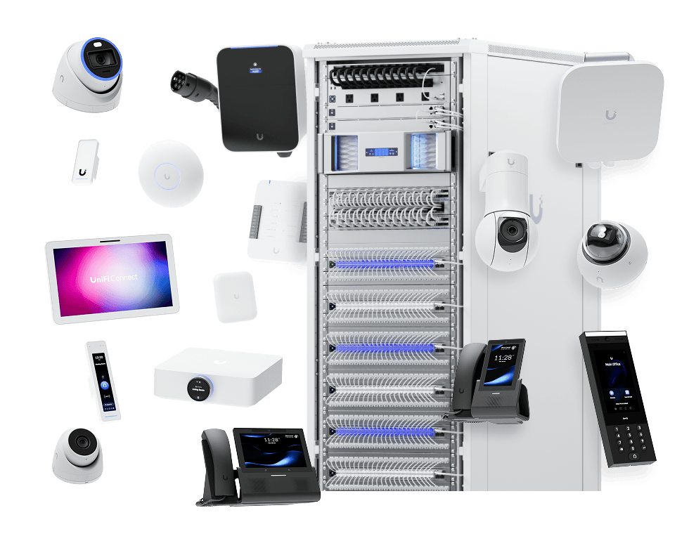 UniFi network rack with switches, Wi-Fi access points, cameras and access control devices